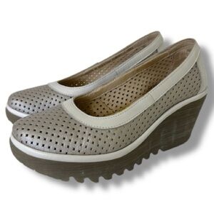 Fly London Metallic Champagne Yala Wedge Shoes Perforated Leather Chunky Neutral